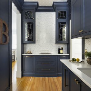 St. Paul butler's pantry, dark blue cabinets, custom backsplash, wine fridge, bar sink