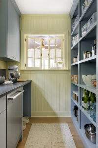 Walk-in pantry with blue cabinetry, magnetic backsplash, wood floors, open shelving