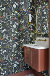 Brightly colored wallcovering adorns a Minneapolis powder room.